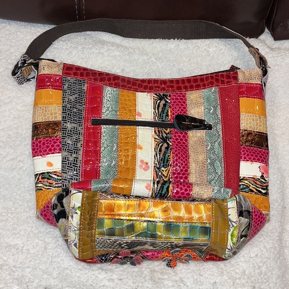 Treska multi color patchwork and rhinestone flowered leather shoulder bag - Picture 2 of 8